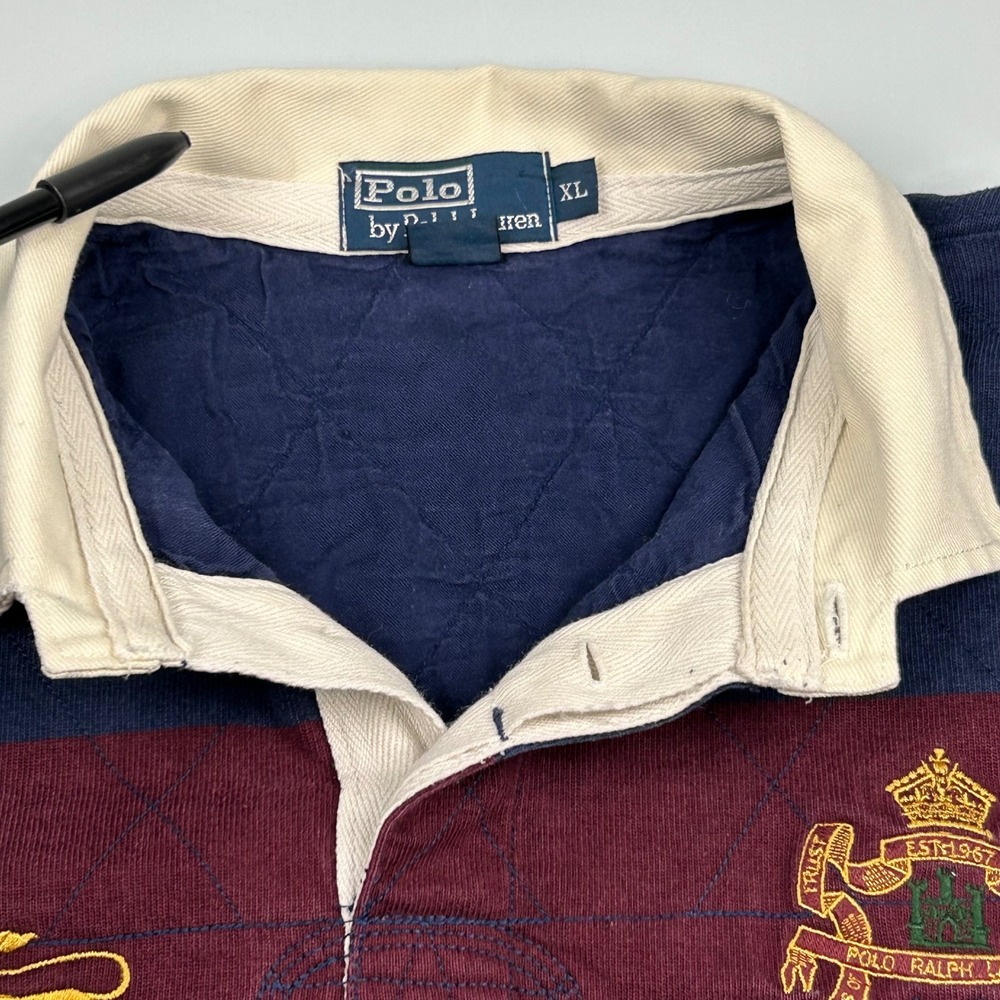 Polo Ralph Lauren Mens XL Rugby Shirt Blue Burgundy Striped Crest Lion Crested - Picture 5 of 11